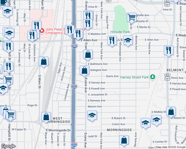 map of restaurants, bars, coffee shops, grocery stores, and more near 929 Davis Avenue in Fort Worth