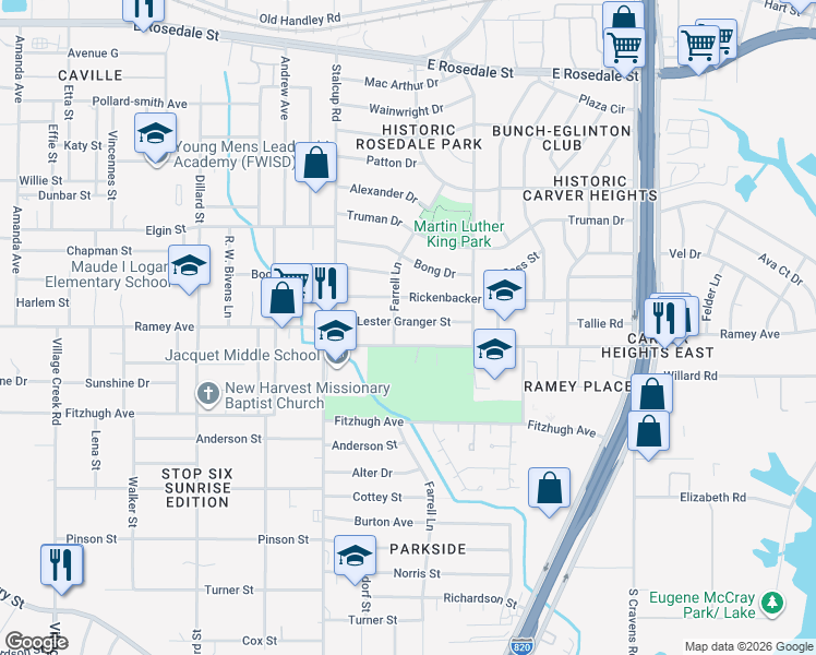 map of restaurants, bars, coffee shops, grocery stores, and more near 5608 Lester Granger Drive in Fort Worth