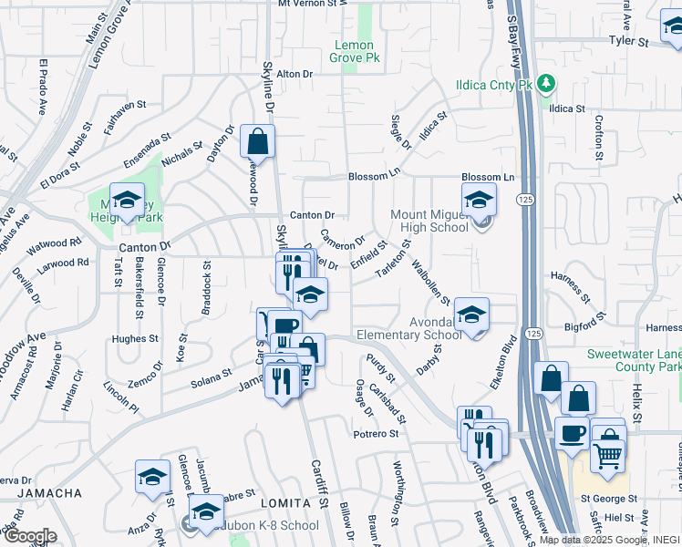 map of restaurants, bars, coffee shops, grocery stores, and more near 1508 Drexel Drive in Lemon Grove