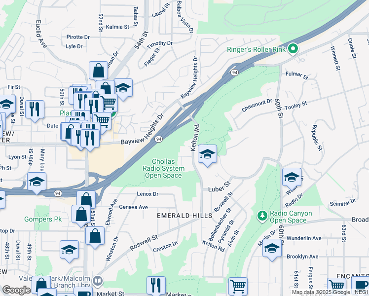 map of restaurants, bars, coffee shops, grocery stores, and more near 5605 Kelton Pl in San Diego