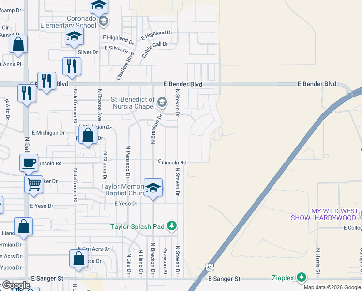 map of restaurants, bars, coffee shops, grocery stores, and more near 1836 North Steven Drive in Hobbs