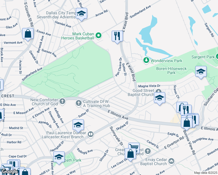 map of restaurants, bars, coffee shops, grocery stores, and more near 2247 Sutter Street in Dallas
