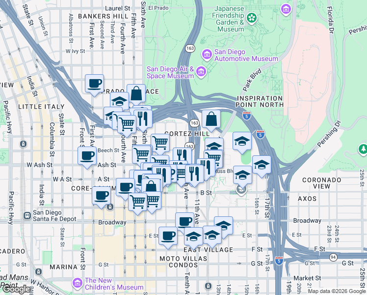map of restaurants, bars, coffee shops, grocery stores, and more near in San Diego