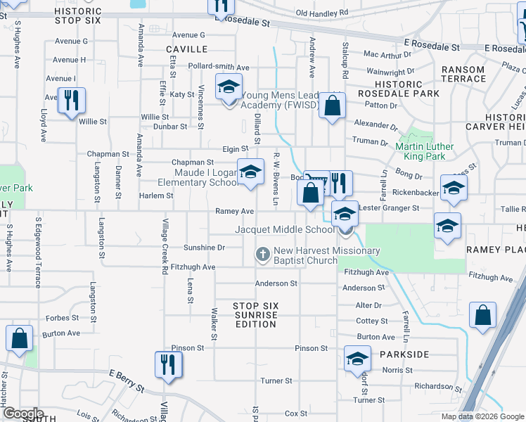map of restaurants, bars, coffee shops, grocery stores, and more near 5204 Ramey Avenue in Fort Worth