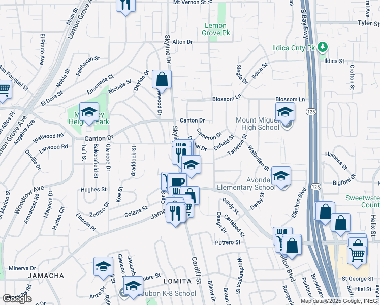 map of restaurants, bars, coffee shops, grocery stores, and more near 7922 Sunset Terrace in Lemon Grove