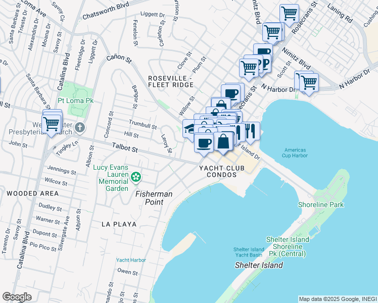 map of restaurants, bars, coffee shops, grocery stores, and more near 3120 Talbot Street in San Diego