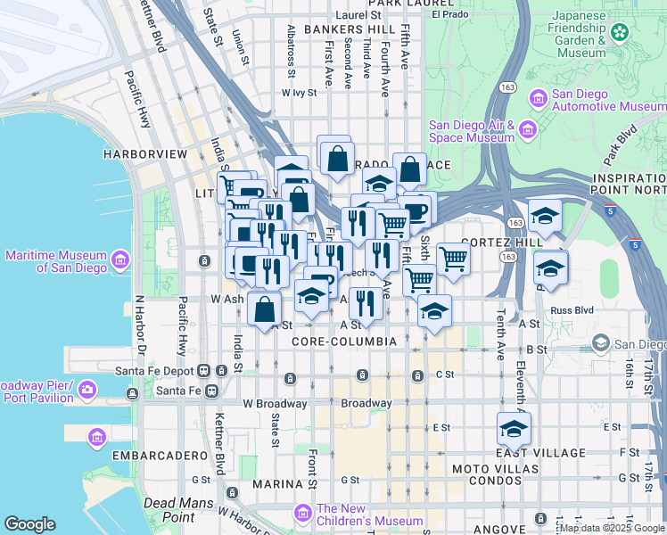 map of restaurants, bars, coffee shops, grocery stores, and more near 110 Beech Street in San Diego
