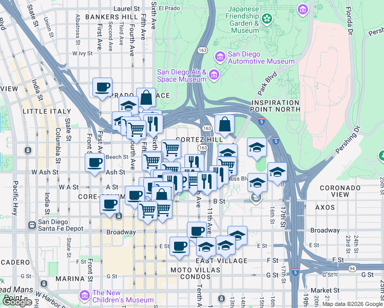 map of restaurants, bars, coffee shops, grocery stores, and more near 920 Beech Street in San Diego