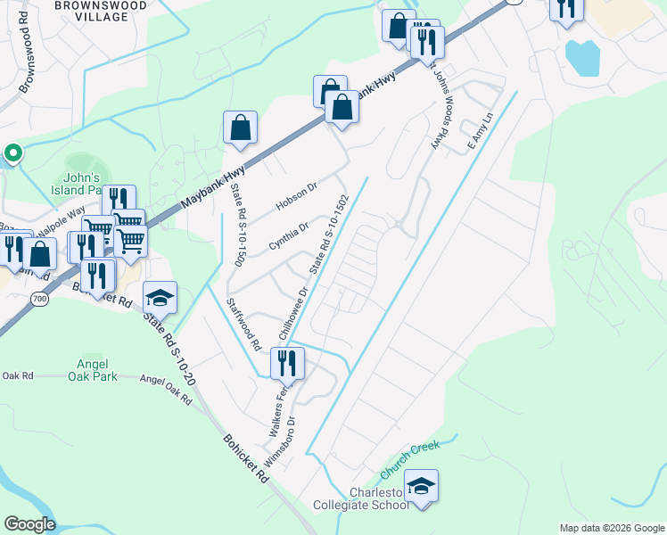 map of restaurants, bars, coffee shops, grocery stores, and more near 1907 Halle Road in Johns Island