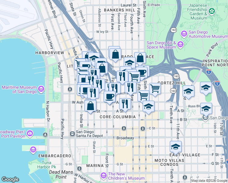 map of restaurants, bars, coffee shops, grocery stores, and more near 124 Beech Street in San Diego