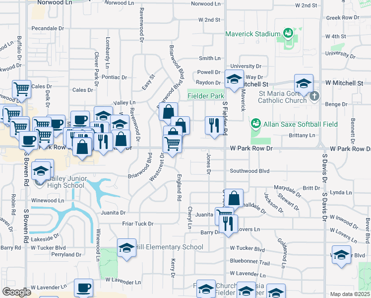 map of restaurants, bars, coffee shops, grocery stores, and more near 1808 West Park Row Drive in Arlington