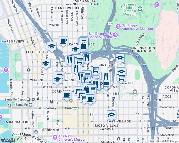 map of restaurants, bars, coffee shops, grocery stores, and more near 1501 Sixth Avenue in San Diego