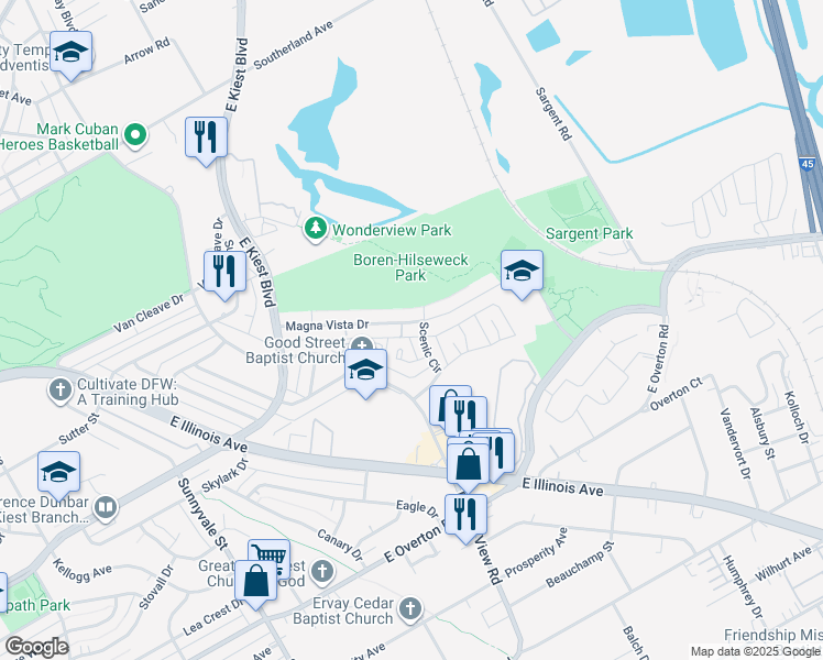map of restaurants, bars, coffee shops, grocery stores, and more near 2728 Magna Vista Dr in Dallas