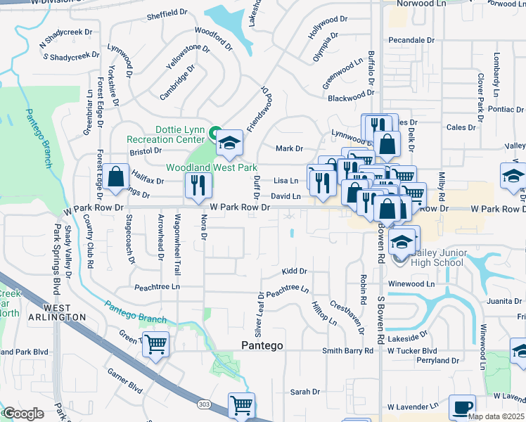 map of restaurants, bars, coffee shops, grocery stores, and more near 3006 West Park Row Drive in Pantego
