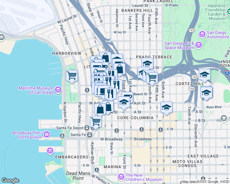 map of restaurants, bars, coffee shops, grocery stores, and more near 300 West Beech Street in San Diego