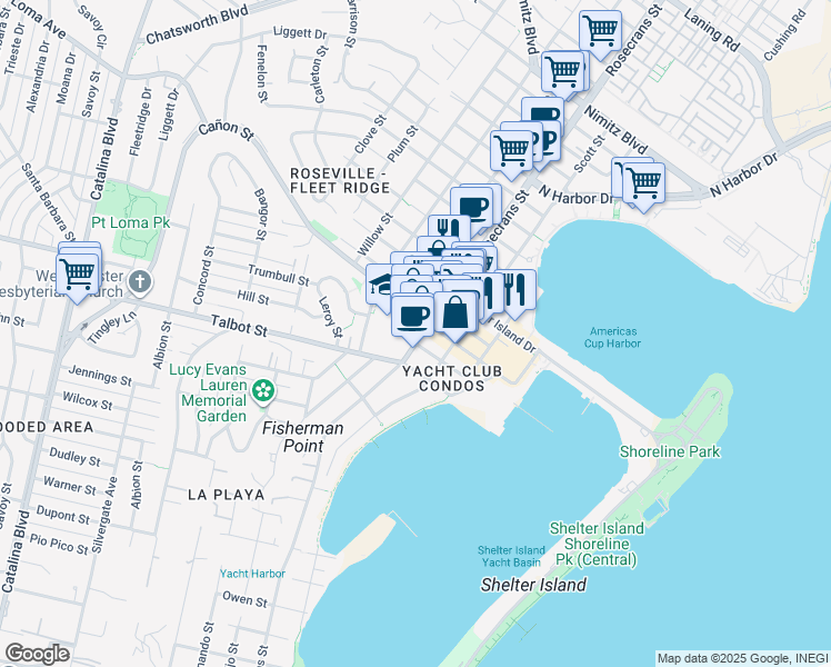 map of restaurants, bars, coffee shops, grocery stores, and more near 1050 Rosecrans Street in San Diego