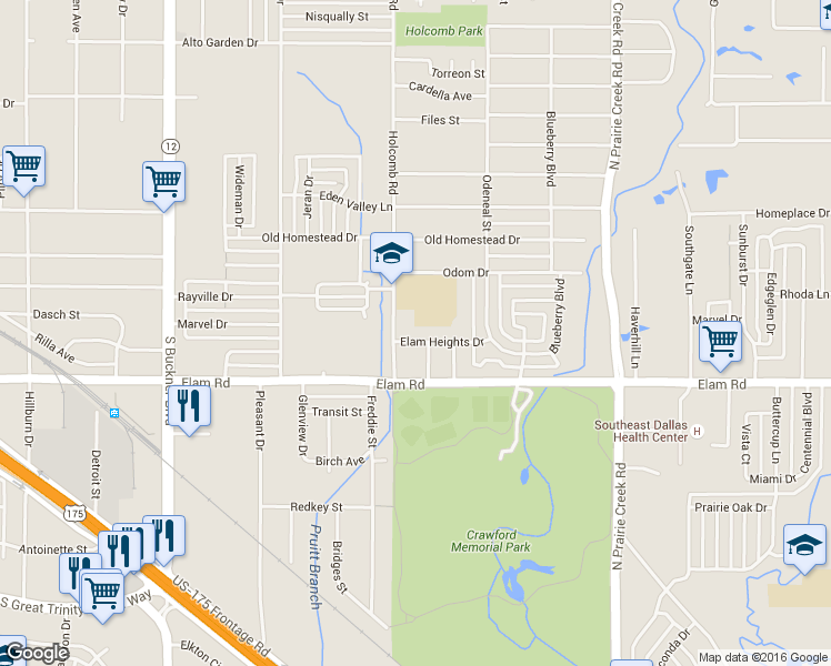 map of restaurants, bars, coffee shops, grocery stores, and more near 8519 Elam Heights Drive in Dallas