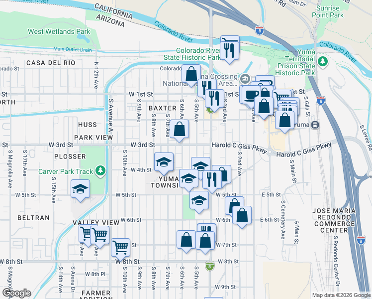 map of restaurants, bars, coffee shops, grocery stores, and more near 325 South 6th Avenue in Yuma