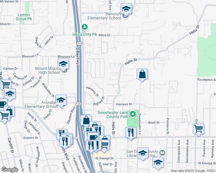 map of restaurants, bars, coffee shops, grocery stores, and more near 8712 Helix Vista Drive in Spring Valley