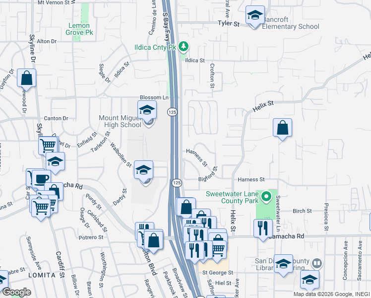 map of restaurants, bars, coffee shops, grocery stores, and more near 8607 Harness Street in Spring Valley