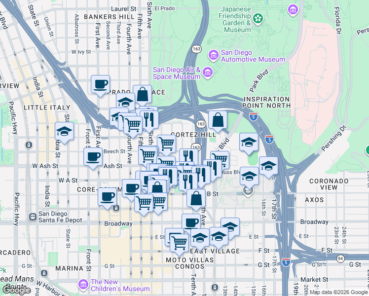 map of restaurants, bars, coffee shops, grocery stores, and more near 942 Beech Street in San Diego