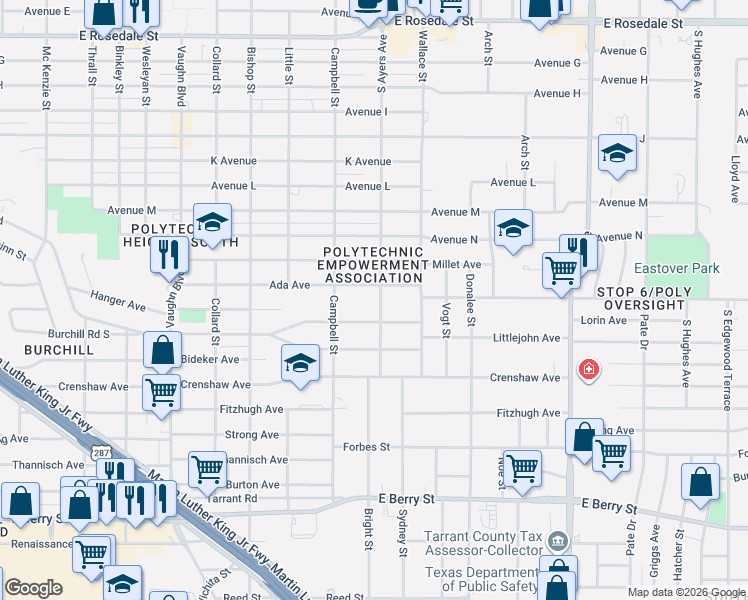 map of restaurants, bars, coffee shops, grocery stores, and more near 3617 North Littlejohn Avenue in Fort Worth