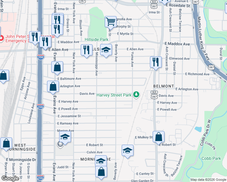 map of restaurants, bars, coffee shops, grocery stores, and more near 1315 Davis Avenue in Fort Worth