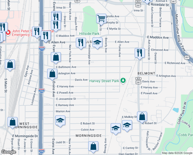 map of restaurants, bars, coffee shops, grocery stores, and more near 1233 Davis Avenue in Fort Worth