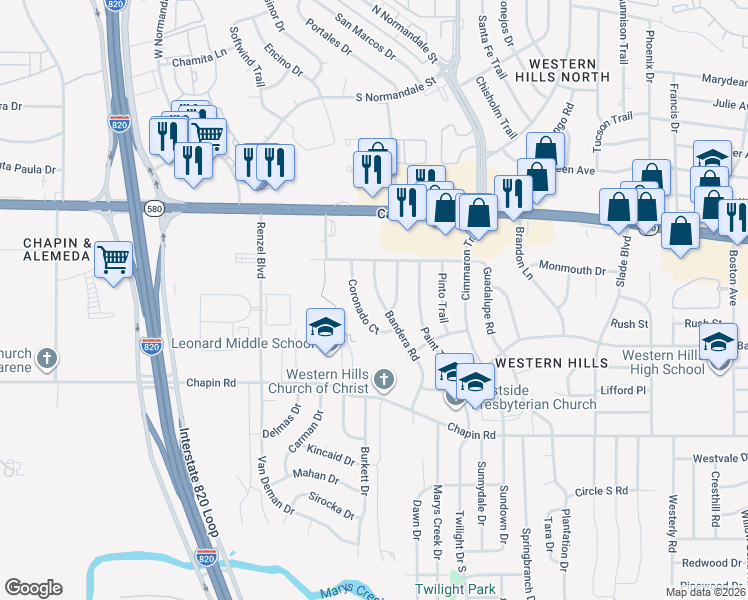 map of restaurants, bars, coffee shops, grocery stores, and more near 3486 Bandera Road in Fort Worth