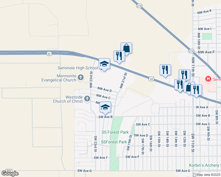 map of restaurants, bars, coffee shops, grocery stores, and more near 2128 Northwest Ave D in Seminole