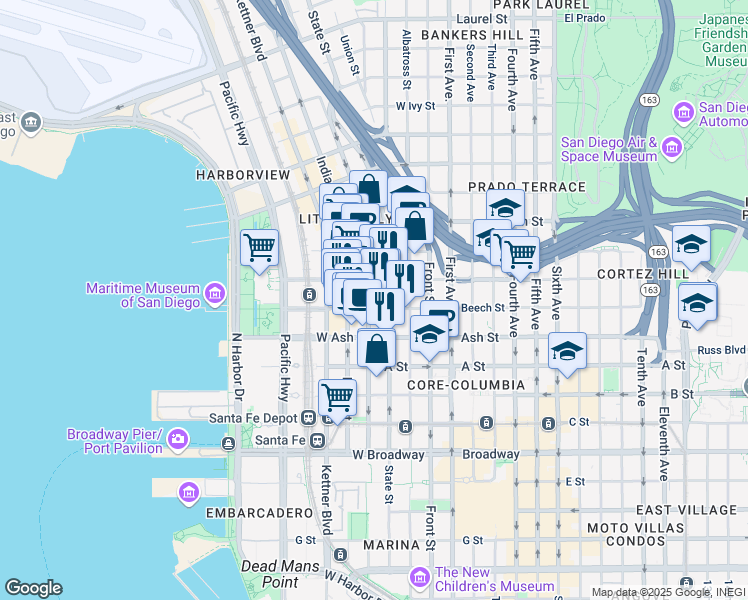map of restaurants, bars, coffee shops, grocery stores, and more near 1500 State Street in San Diego