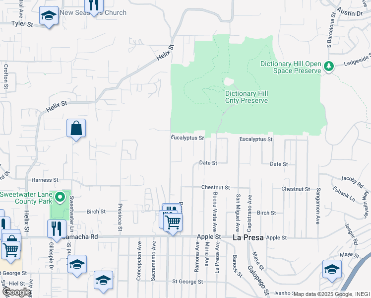 map of restaurants, bars, coffee shops, grocery stores, and more near 1637 Paraiso Avenue in Spring Valley