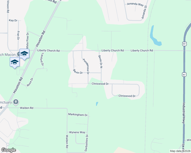 map of restaurants, bars, coffee shops, grocery stores, and more near 6625 Bevin Drive in Macon