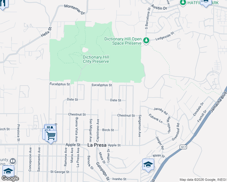 map of restaurants, bars, coffee shops, grocery stores, and more near 1627 Coronado Avenue in Spring Valley