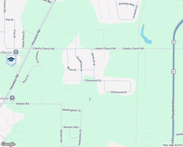 map of restaurants, bars, coffee shops, grocery stores, and more near 6625 Bevin Drive in Macon