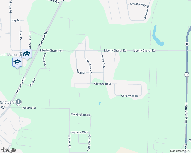map of restaurants, bars, coffee shops, grocery stores, and more near 6625 Bevin Drive in Macon