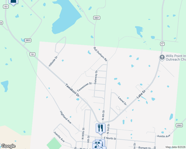 map of restaurants, bars, coffee shops, grocery stores, and more near 206 Texas Street in Wills Point