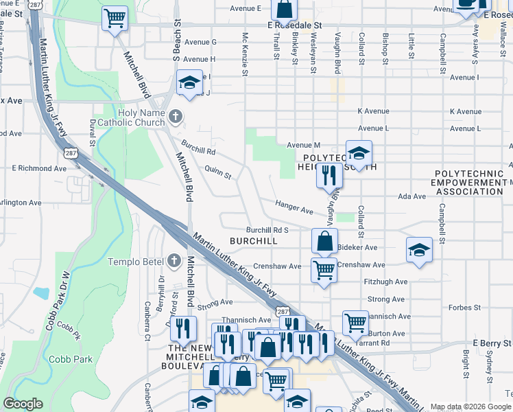 map of restaurants, bars, coffee shops, grocery stores, and more near 2901 Burchill Road South in Fort Worth