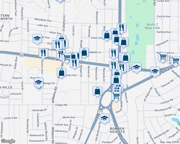 map of restaurants, bars, coffee shops, grocery stores, and more near 3513 Bonnie Drive in Fort Worth