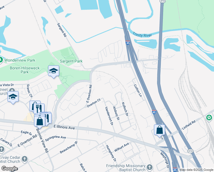 map of restaurants, bars, coffee shops, grocery stores, and more near 3550 East Overton Road in Dallas