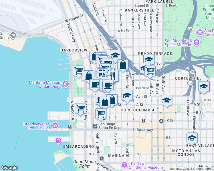 map of restaurants, bars, coffee shops, grocery stores, and more near in San Diego