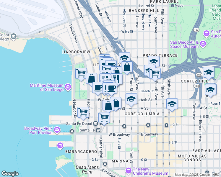 map of restaurants, bars, coffee shops, grocery stores, and more near 1501 India Street in San Diego