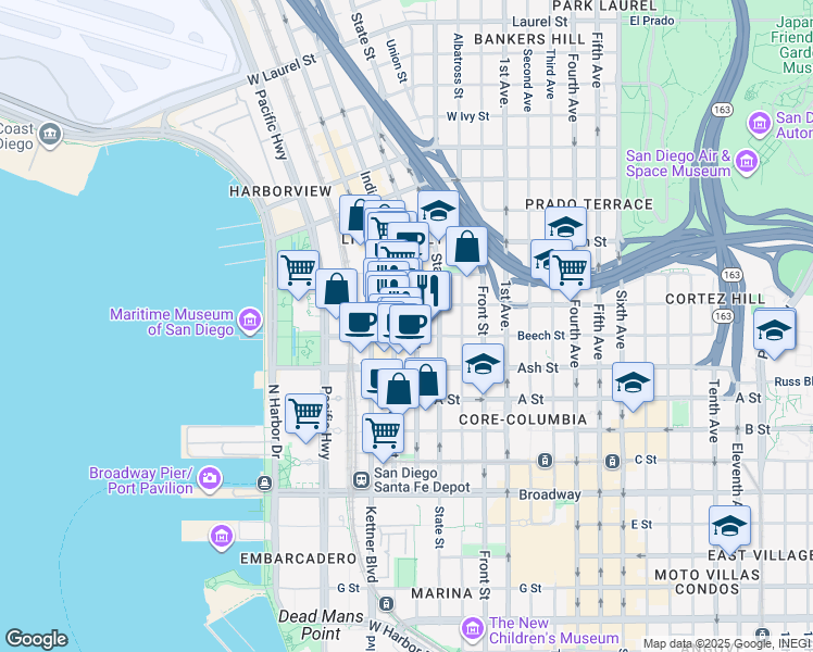 map of restaurants, bars, coffee shops, grocery stores, and more near 1501 India Street in San Diego