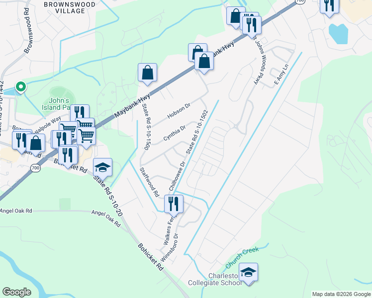 map of restaurants, bars, coffee shops, grocery stores, and more near 2032 Chilhowee Drive in Johns Island