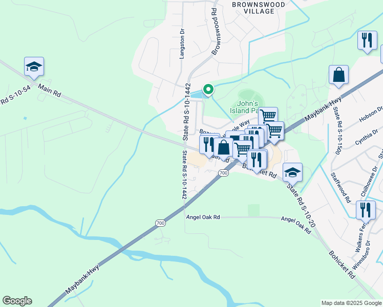 map of restaurants, bars, coffee shops, grocery stores, and more near 1725 Brownswood Road in Johns Island