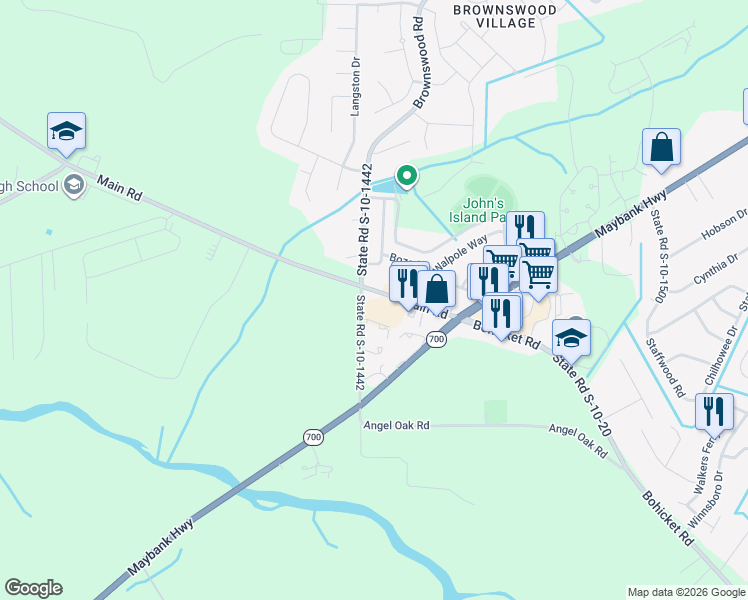 map of restaurants, bars, coffee shops, grocery stores, and more near 1725 Brownswood Road in Johns Island