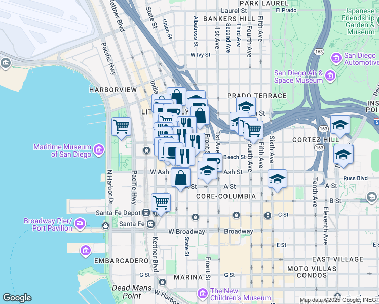 map of restaurants, bars, coffee shops, grocery stores, and more near 1545 State Street in San Diego
