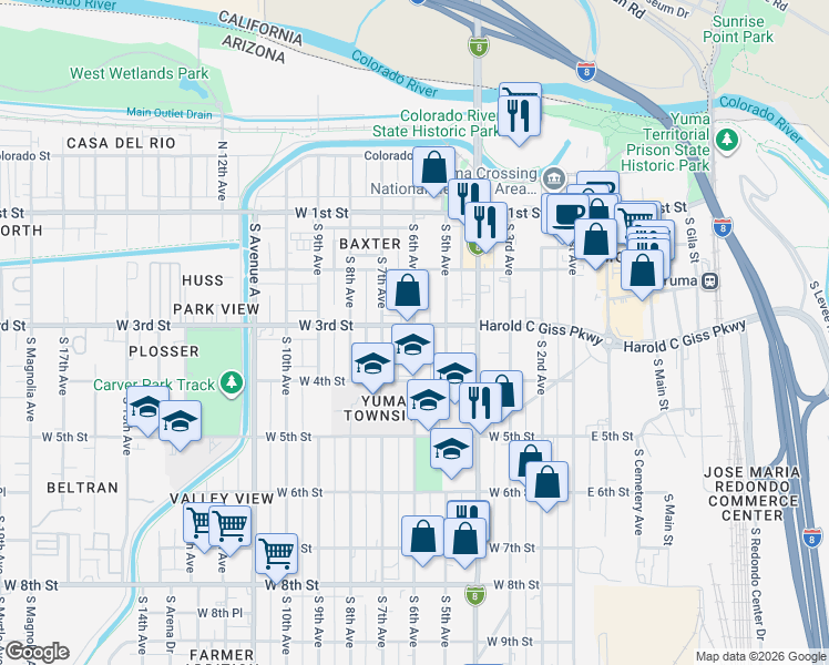 map of restaurants, bars, coffee shops, grocery stores, and more near 337 South 6th Avenue in Yuma