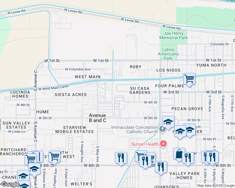 map of restaurants, bars, coffee shops, grocery stores, and more near 2987 West 3rd Street in Yuma