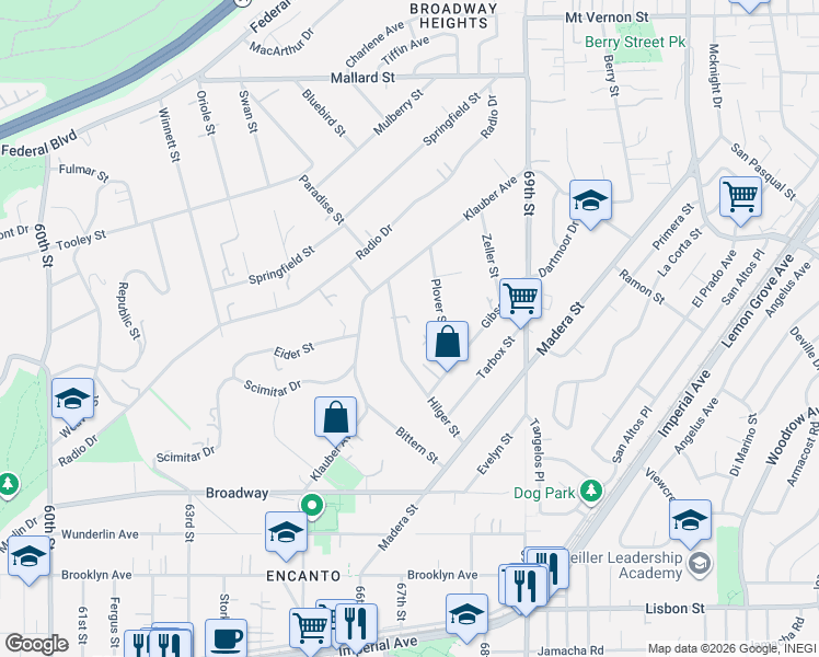 map of restaurants, bars, coffee shops, grocery stores, and more near 1547 Hilger Street in San Diego